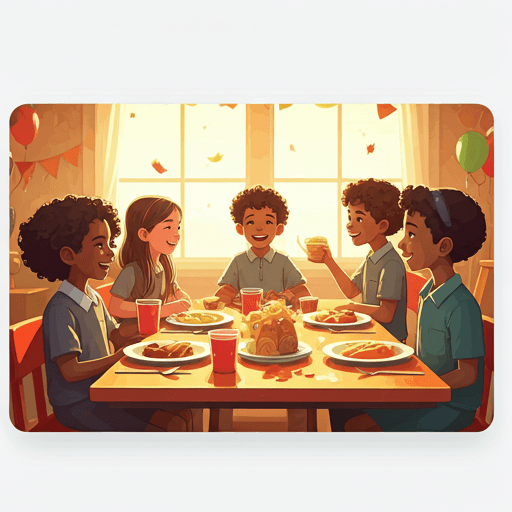 Happy school children sharing a meal